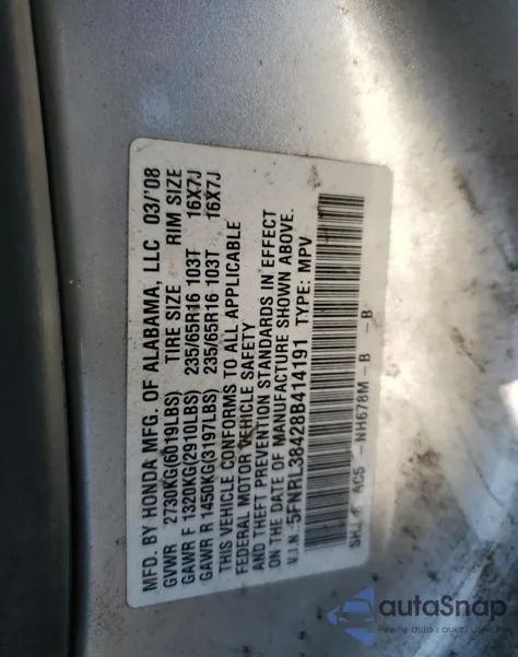 2008 Honda Odyssey Ex from USA, damaged, VIN 5FNRL38428B414191